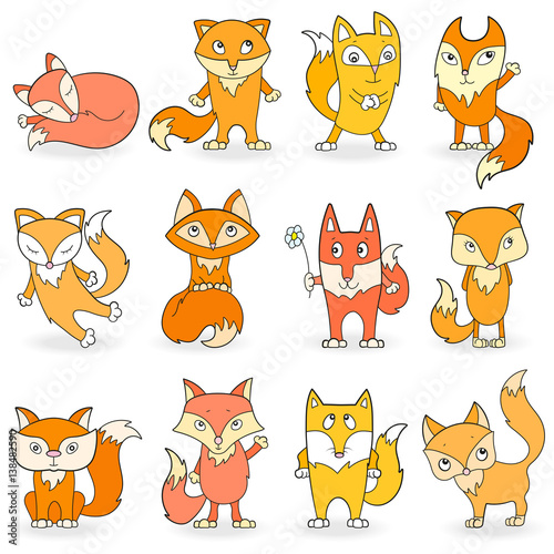 Set of funny colored foxes on a white background isolated