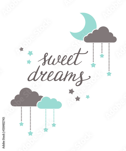 Plakat Słodkich snów strony napis z księżyca, gwiazd i chmur
