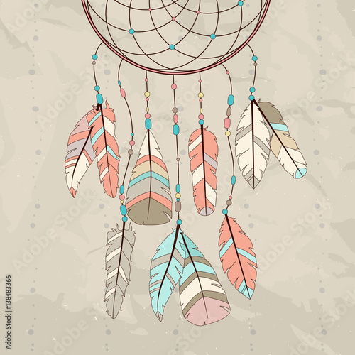 catcher with feathers. Vector hipster illustration. Ethnic design, boho, dreamcatcher tribal symbol.