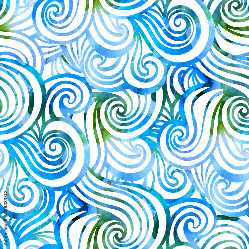 Seamless watercolor wave hand-drawn pattern, waves background.Can be used for wallpaper, pattern fills, web page background,surface textures.