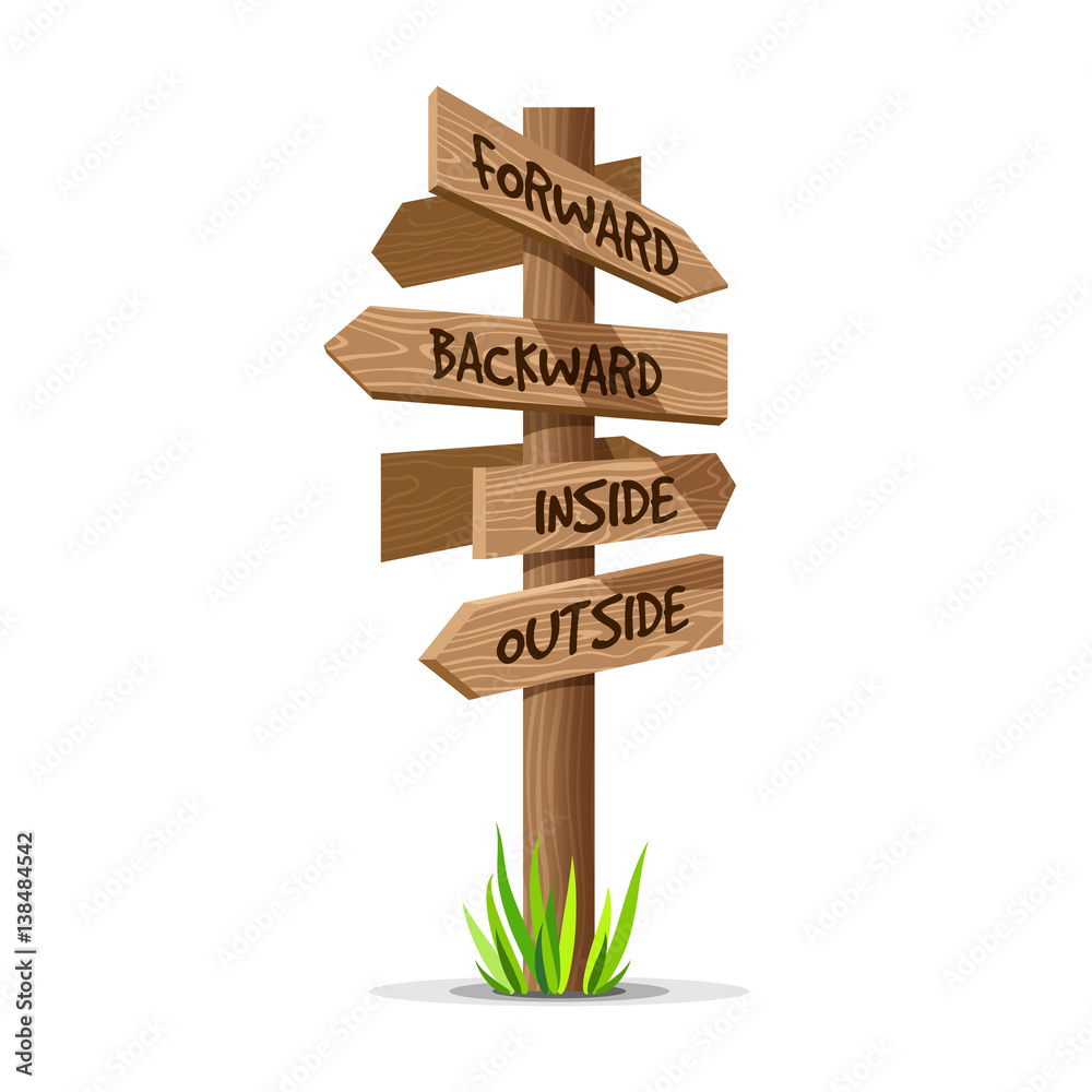 Wooden arrow vector direction signboard. Wood sign post concept with grass. Board pointer illustration with text isolated on a white background Wooden arrow vector direction signboard. Wood sign post concept with grass. Board pointer illustration with text isolated on a white background