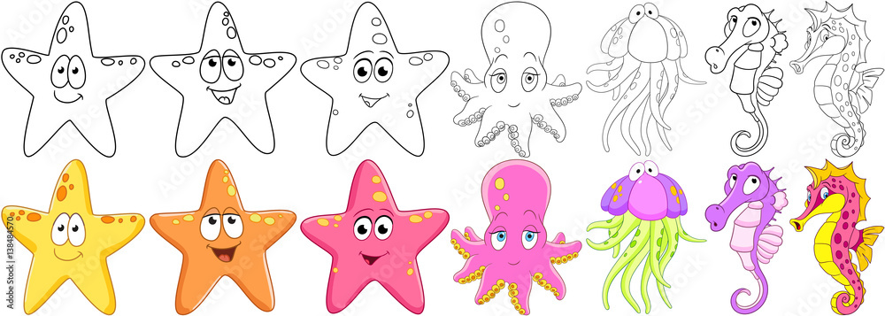 Obraz premium Cartoon animals set. Collection of fishes. Underwater starfish, octopus (poulpe, cuttlefish, squid or devilfish), jellyfish (medusa), seahorse. Coloring book pages for kids.