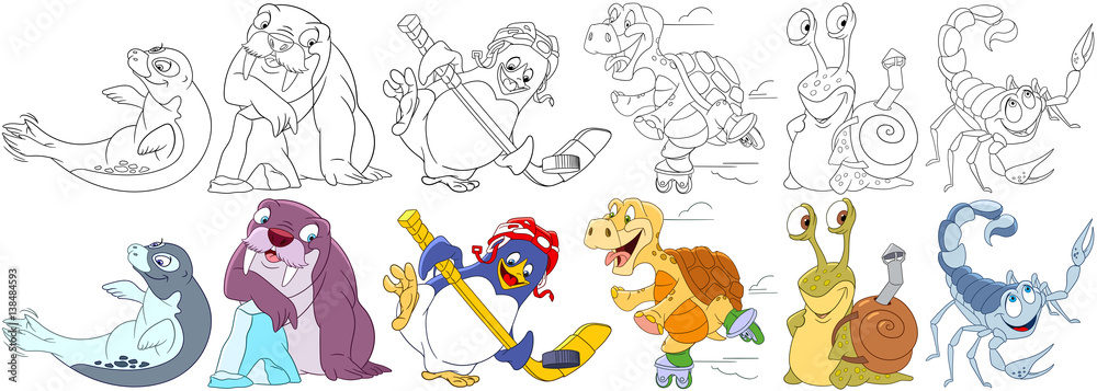 Naklejka premium Cartoon animals set. Collection of ocean creatures. Sea lion (seal), walrus, penguin hockey player, turtle roller skating, snail with shell, scorpio. Coloring book pages for kids.