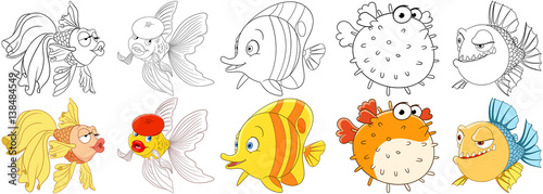 Cartoon animals set. Collection of fishes. Goldfish, butterfly fish, puffer fish (blowfish, sea porcupine, fugu), piranha. Coloring book pages for kids.