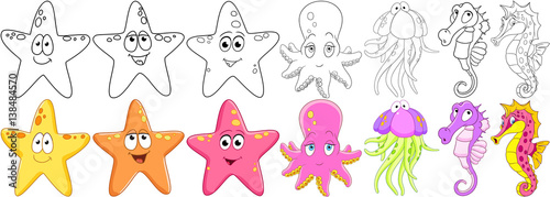 Cartoon animals set. Collection of fishes. Underwater starfish, octopus (poulpe, cuttlefish, squid or devilfish), jellyfish (medusa), seahorse. Coloring book pages for kids.