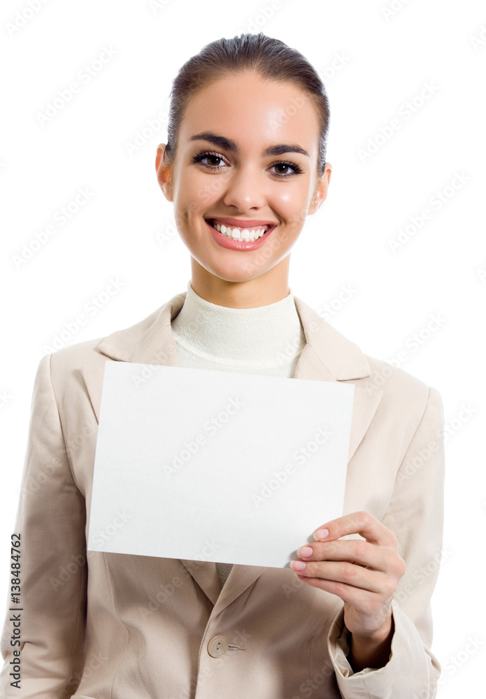 Happy young businesswoman showing blank signboard with copyspace area for slogan, text or advertisiment, isolated on white background. Business success concept. Happy young businesswoman showing blank signboard with copyspace area for slogan, text or advertisiment, isolated on white background. Business success concept.