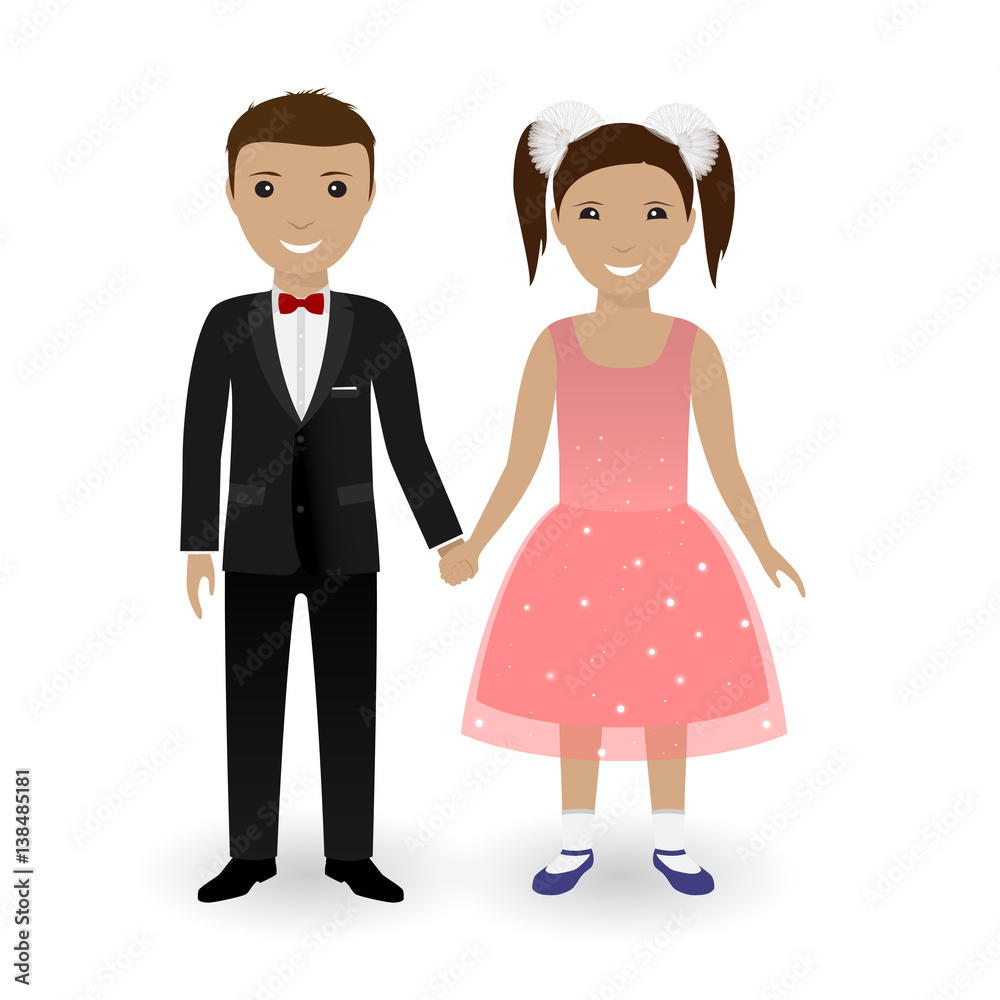 Cute kids in elegant festive clothing holding hands. Boy in tuxedo and girl in beautiful gown. Cute kids in elegant festive clothing holding hands. Boy in tuxedo and girl in beautiful gown.