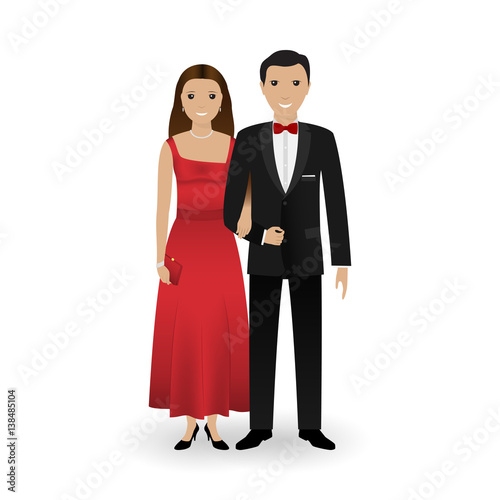Male and female couple in elegant clothes for official social events. Black tie dress code. Cocktail evening.