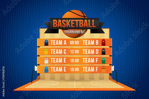 Vector of basketball match with team competition and scoreboard on court background.