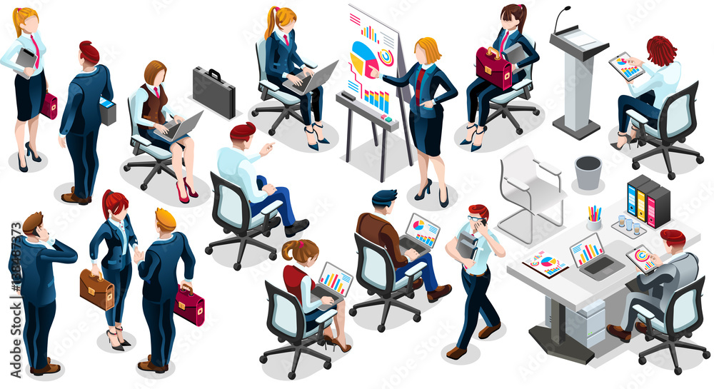 Trendy 3D isometric group of isolated bank business people. Employee desk staff character icon set. Interview and Analysis of sales deal agreement and partnership. Teamwork career vector illustration