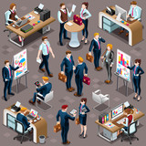Trendy 3D isometric group of isolated bank business people. Employee desk staff character icon set. Interview and Analysis of sales deal agreement and partnership. Teamwork career vector illustration