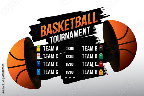 Vector of basketball match with team competition and scoreboard on court background.