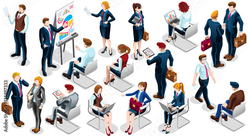 Isometric people isolated on white meeting staff infographic. 3D Isometric boss person icon set. Creative design vector illustration collection