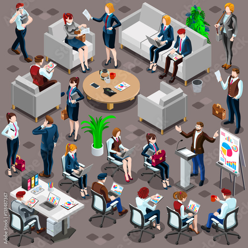 Isolated Group of Diverse Isometric Business People. 3D meeting infograph crowd with standing walking casual people icon set. Conference handshake hand shake lot collection vector illustration
