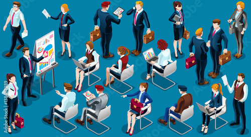 Isolated Group of Diverse Isometric Business People. 3D meeting infograph crowd with standing walking casual people icon set. Conference handshake hand shake lot collection vector illustration
