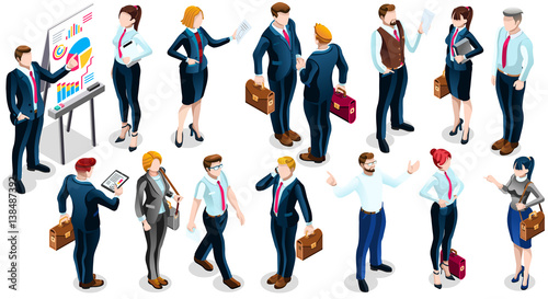 Isometric people isolated on white meeting staff infographic. 3D Isometric boss person icon set. Creative design vector illustration collection