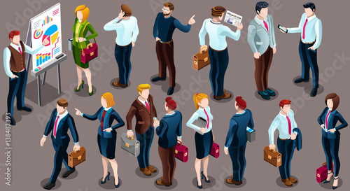 Trendy 3D isometric group of isolated bank business people. Employee desk staff character icon set. Interview and Analysis of sales deal agreement and partnership. Teamwork career vector illustration