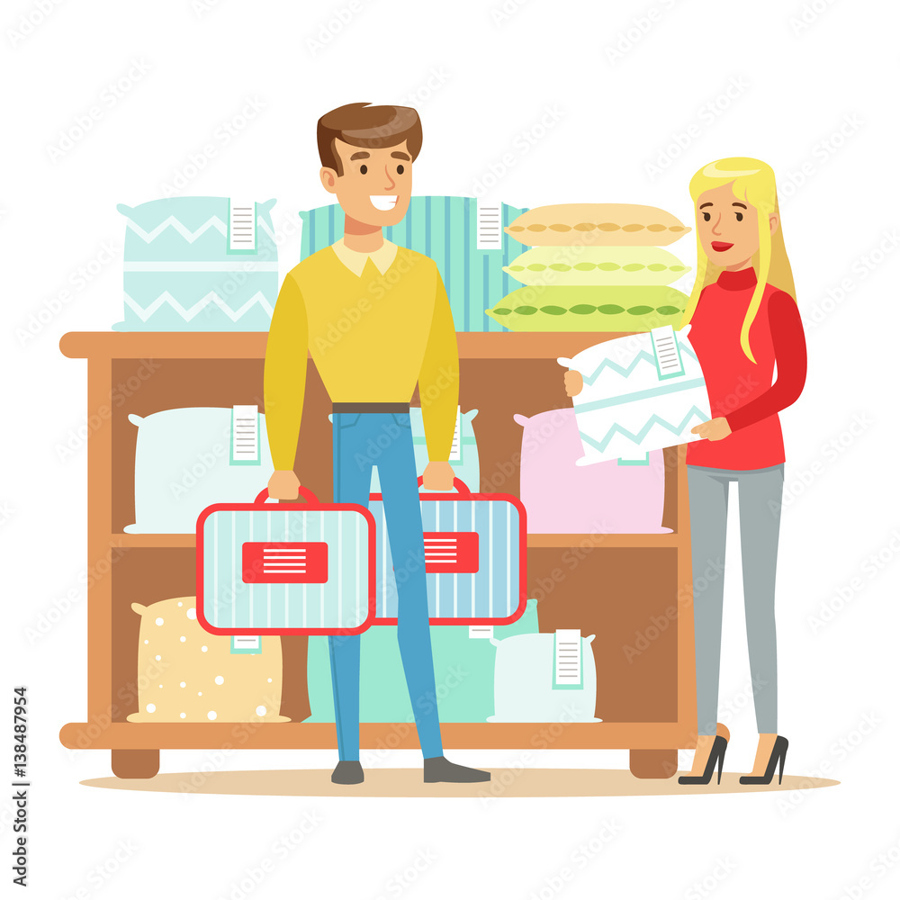 Vecteur Stock Couple Buying Bedsheets For Bedroom, Smiling Shopper In