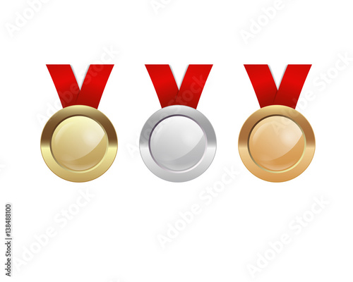 golden, silver and bronze medals on the white background