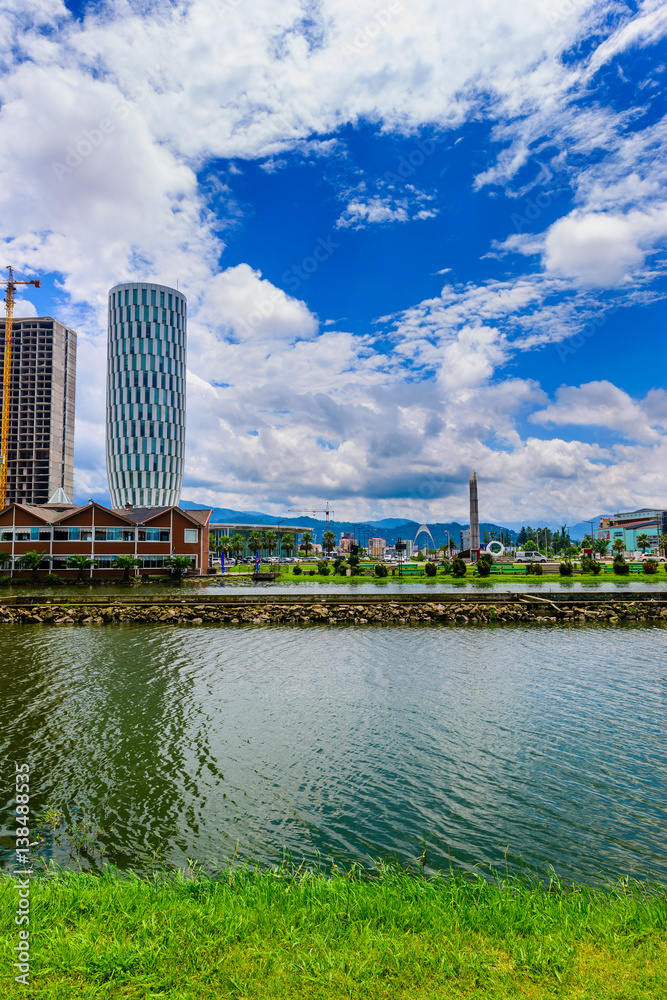 Naklejka premium Amazing city landscape and Ardagani lake with beautiful cloudy sky