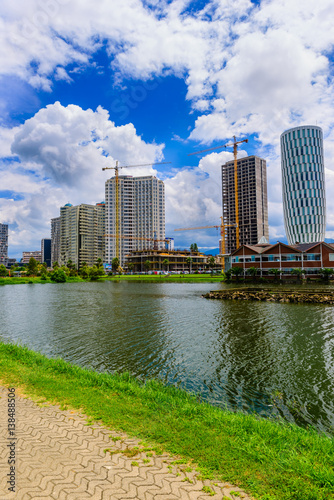 Amazing city landscape and Ardagani lake with beautiful cloudy sky