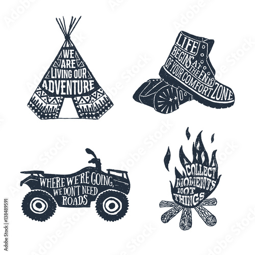 Hand drawn textured vintage labels set with teepee, boots, quad bike, and bonfire vector illustrations and lettering.
