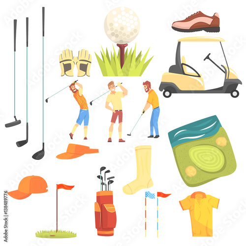 Three Golfers Playing Golf Surrounded By Sport Equipment And Game Attributes Cartoon Vector Illustration.