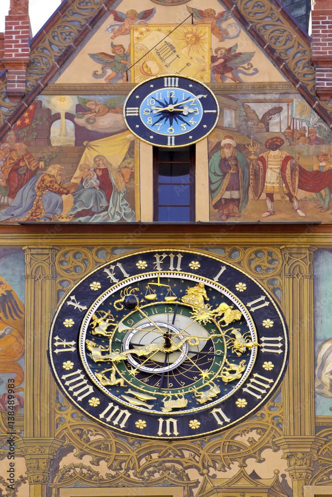Astronomical clock at the Rathaus (Town Hall), built in 1370 in Ulm, Baden-Wurttemberg, Germany, Europe