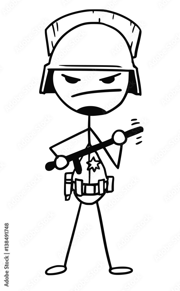 Vector Stickman Cartoon of Policeman with Heavy Helmet and Nightstick Baton