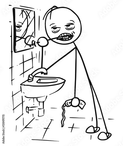 Vector Stickman Cartoon of Tired or Sick Man Cleaning his Tooth