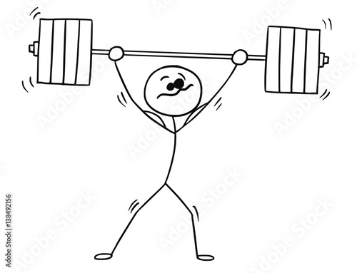 Vector Stickman Cartoon of Weightlifter with Barbell above his Head