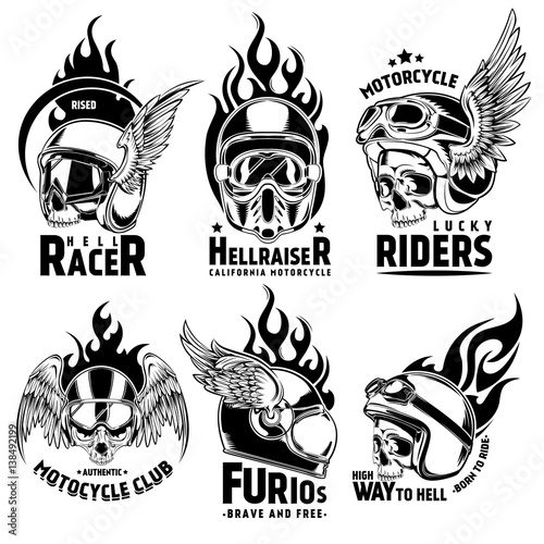 Fiery Motorcycle Skull Helmet Logos Set
