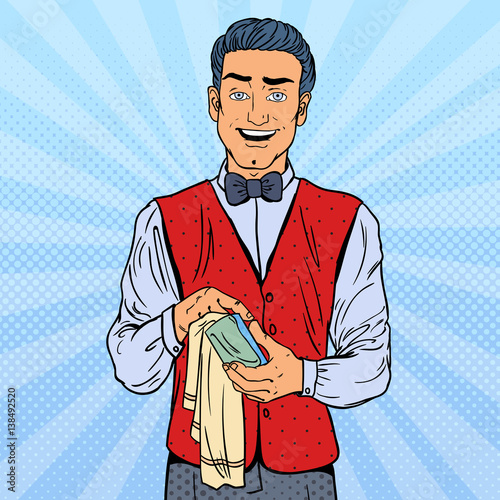 Pop Art Smiling Barista Wiping Glass in Nightclub. Vector illustration