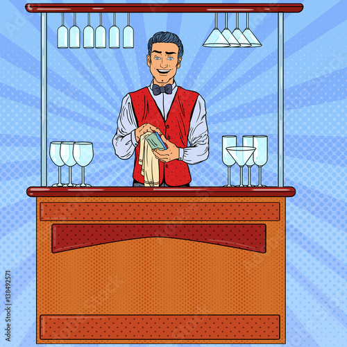 Pop Art Smiling Bartender Wiping Glass in Bar. Vector illustration