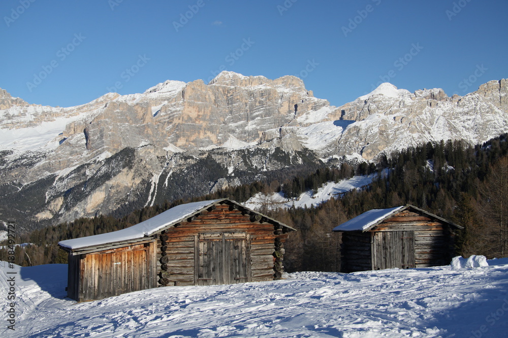 Mountain Barns in Winter, Alta Badia, Dolomiti, Italy