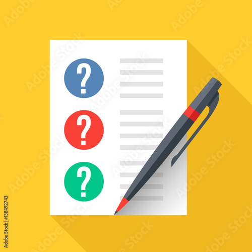 Document with question marks and pen. Sheet of paper and checklist with questions. Test, exam, quiz concepts. Flat design graphic elements. Vector illustration