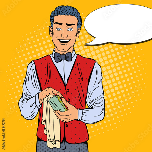 Pop Art Smiling Barista Wiping Glass in Restaurant. Vector illustration