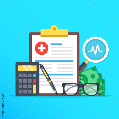 Health insurance, healthcare concept. Health insurance form, calculator, pen, glasses, money, magnifier flat design graphic elements, flat icons set. Vector illustration