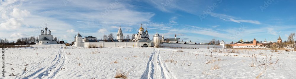 Winter landscape with Monastery Suzdal Russia. Golden Ring of Russia Travel