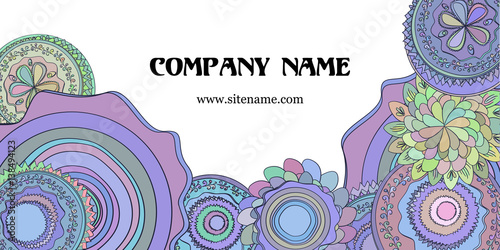 Doodle business card with hand drawn tribal ornament, mandala. Template for business, invitation card, or cover.
