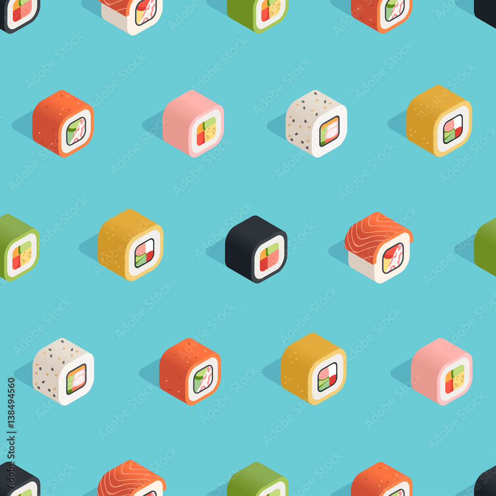 Isometric sushi seamless pattern on the blue background in flat style