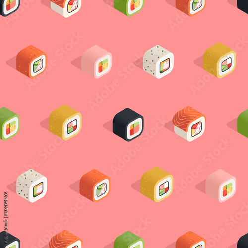 Isometric sushi seamless pattern on the pink background in flat style