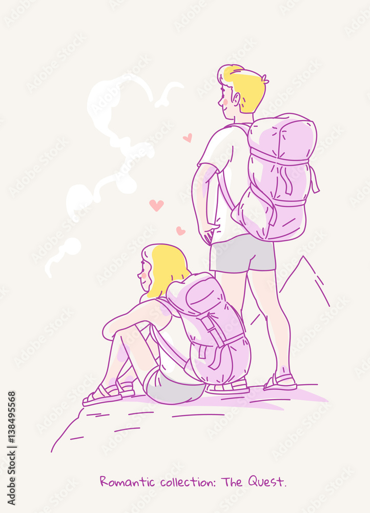 Young couple with backpacks watch the sunrise on the horizon while standing on the mountain Young couple with backpacks watch the sunrise on the horizon while standing on the mountain