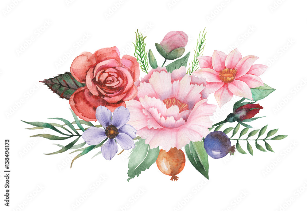 Hand painted watercolor charming combination of Flowers and Leaves isolated on white background