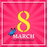8 March, International Women's Day. Vector striped background with butterfly. Design template. 