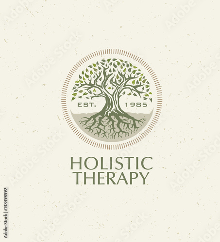 Holistic Therapy Tree With Roots On Organic Paper Background. Natural Eco Friendly Medicine Vector Concept
