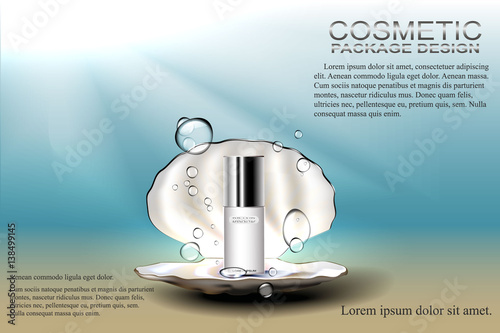 The open pearl shell with a bottle of cosmetics for skin care, under the water. Template advertising, design, poster, and more.