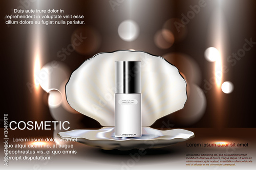Open shell with pearl with a bottle of cosmetics for skin care. Template advertising, design, poster, and more.