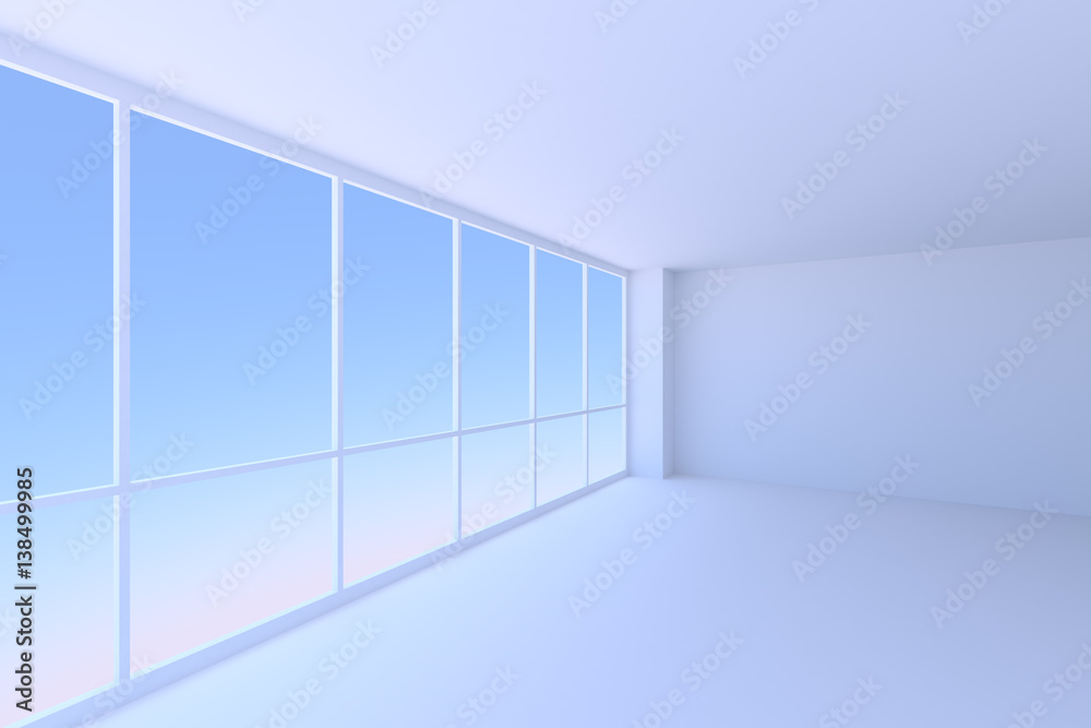 Fototapeta premium Empty blue business office room with large window in corner