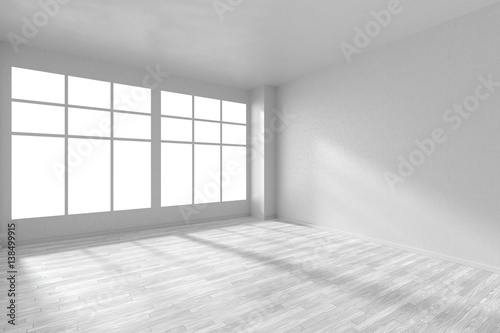 Empty white room with parquet floor, textured walls and big window